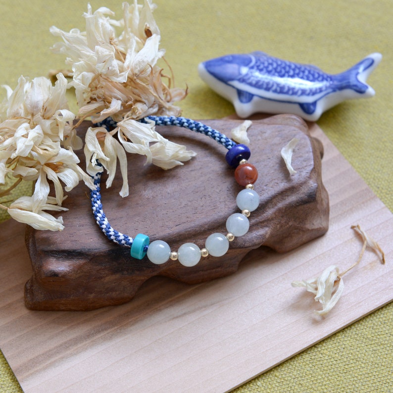 Blue knotted braceletstyle133B Traditional Chinese knotting art Jadeite Jade beads bracelet