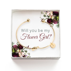 Will you be my Flower Girl Gift, Personalized Flower Girl Proposal Gift, Tie the Knot Initial Bracelet, Wedding Party Gift Box, Gold Bangle