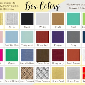 Puede incluir: Un gr&aacute;fico que muestra 20 colores de caja diferentes, incluyendo dorado, plateado, negro, blanco, kraft, azul verdoso, verde lima, rosa, azul polvo, turquesa, rojo ladrillo, morado, gris, azul marino, rosa intenso, verde, azul met&aacute;lico, chocolate, burdeos, naranja quemado, m&aacute;rmol, lavanda, verde pastel, damasco kraft, damasco blanco, lino dorado, lino plateado y rojo con l&aacute;mina. El texto "Colores de caja" est&aacute; en la parte superior del gr&aacute;fico. El texto "Por favor, use el nombre exacto para evitar confusiones." est&aacute; en la parte superior derecha del gr&aacute;fico.