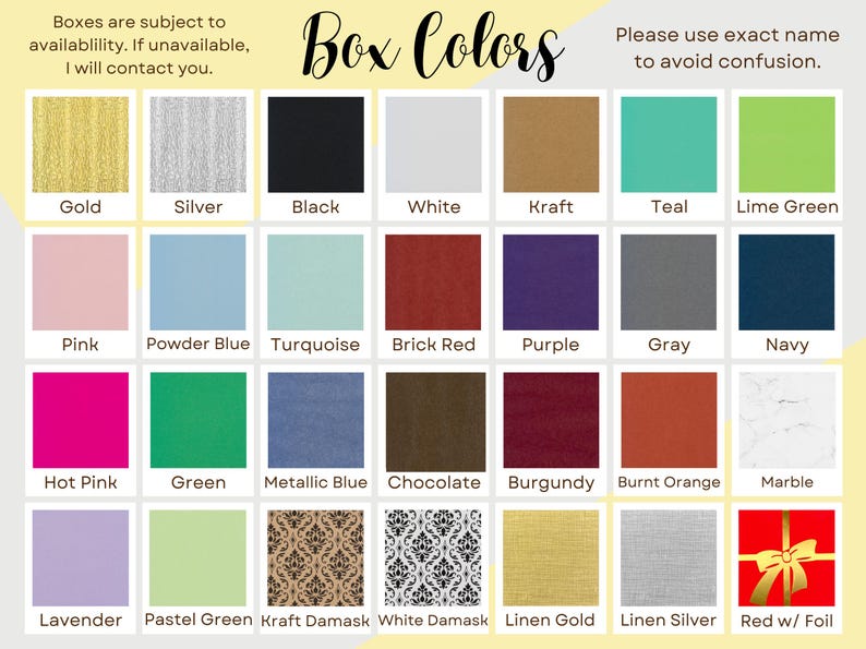 Puede incluir: Un gr&aacute;fico que muestra 20 colores de caja diferentes, incluyendo dorado, plateado, negro, blanco, kraft, azul verdoso, verde lima, rosa, azul polvo, turquesa, rojo ladrillo, morado, gris, azul marino, rosa intenso, verde, azul met&aacute;lico, chocolate, burdeos, naranja quemado, m&aacute;rmol, lavanda, verde pastel, damasco kraft, damasco blanco, lino dorado, lino plateado y rojo con l&aacute;mina. El texto "Colores de caja" est&aacute; en la parte superior del gr&aacute;fico. El texto "Por favor, use el nombre exacto para evitar confusiones." est&aacute; en la parte superior derecha del gr&aacute;fico.