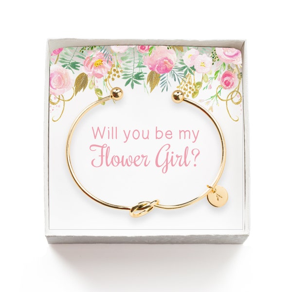 Will you be my Flower Girl Gift, Personalized Flower Girl Proposal Gift, Tie the Knot Initial Bracelet, Wedding Party Gift Box, Gold Bangle