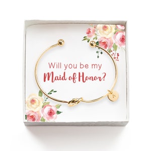 Will you be my Maid of Honor Gift, Personalized Maid of Honor Proposal Gift, Tie the Knot Initial Bracelet, Wedding Party Gift Box, Bangle