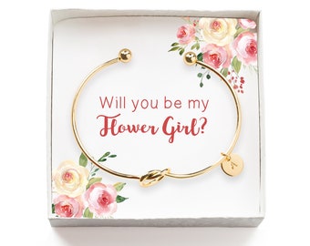 Will you be my Flower Girl Gift, Personalized Flower Girl Proposal Gift, Tie the Knot Initial Bracelet, Wedding Party Gift Box, Gold Bangle