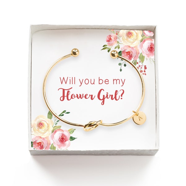 Will you be my Flower Girl Gift, Personalized Flower Girl Proposal Gift, Tie the Knot Initial Bracelet, Wedding Party Gift Box, Gold Bangle