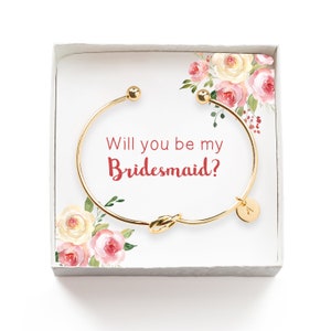 Will you be my Bridesmaid Gift, Personalized Bridesmaid Proposal Gift, Tie the Knot Initial Bracelet, Wedding Party Gift Box, Gold Bangle image 1