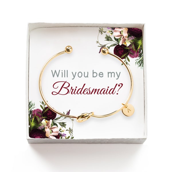 Will you be my Bridesmaid Gift, Personalized Bridesmaid Proposal Gift, Tie the Knot Initial Bracelet, Wedding Party Gift Box, Gold Bangle