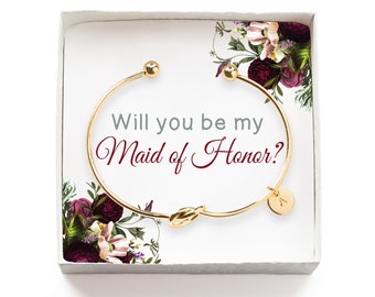 Will you be my Maid of Honor Gift, Personalized Maid of Honor Proposal Gift, Tie the Knot Initial Bracelet, Wedding Party Gift Box, Bangle