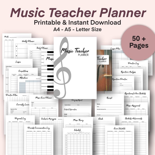 Planificador de profesores de música Diario de músicos imprimible Piano Violín Guitarra Violonchelo Diario de profesores / Asignación de música / Planificador de lecciones de música