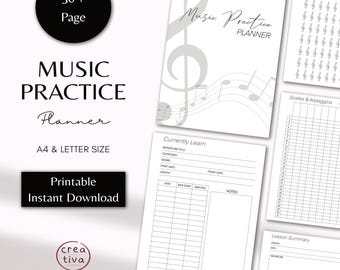 May include: A collection of printable music practice planner pages. The cover features a treble clef and musical notes. The planner includes pages for practice schedules, scales, arpeggios, and lesson summaries. The text on the cover reads "Music Practice Planner".