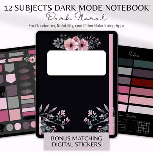 May include: A digital notebook template for Goodnotes, Notability, and other note-taking apps. The template features a dark background with a floral design in shades of pink and gray. The notebook includes an index, paper template, and bonus matching digital stickers.