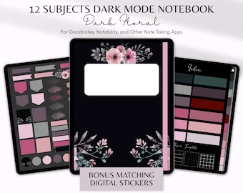 Dark Mode 12 Subjects Goodnotes Digital Notebook with Bonus Digital Stickers | Black Floral Blackout for IPad & Android Tablet Hyperlinked