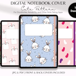 May include: 15 digital notebook covers with cute patterns. The covers feature designs with bunnies, cats, and abstract shapes in pink, blue, and yellow. JPG and PDF files are included.  Front and back covers are included.