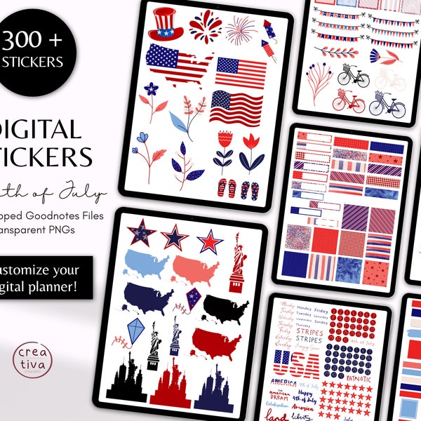 300+ 4th of July Digital Planner Sticker Set Patriotic Independence Day Stickers USA Memorial Stickers Goodnotes PNG Stickers Fourth of July