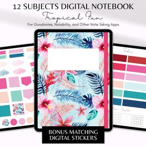 Peut inclure: Un carnet numérique sur le thème tropical. La couverture présente un fond bleu avec des fleurs roses et des feuilles vertes. Le carnet est conçu pour être utilisé avec des applications de prise de notes comme Goodnotes et Notability. Le texte "Tropical Fun" est affiché sur la couverture. Le carnet comprend un ensemble bonus d'autocollants numériques assortis.