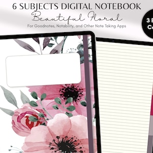 6 Subjects Floral Digital Notebook Beautiful Digital Notebook Goodnotes for IPad & Android | Hyperlinked Digital Planner Goodnotes Diary