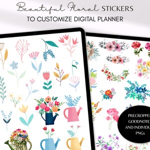 300+ bellissimi adesivi floreali per pianificatore digitale / elemento doodle botanico fiore primaverile / file Goodnotes preritagliati PNG Clipart