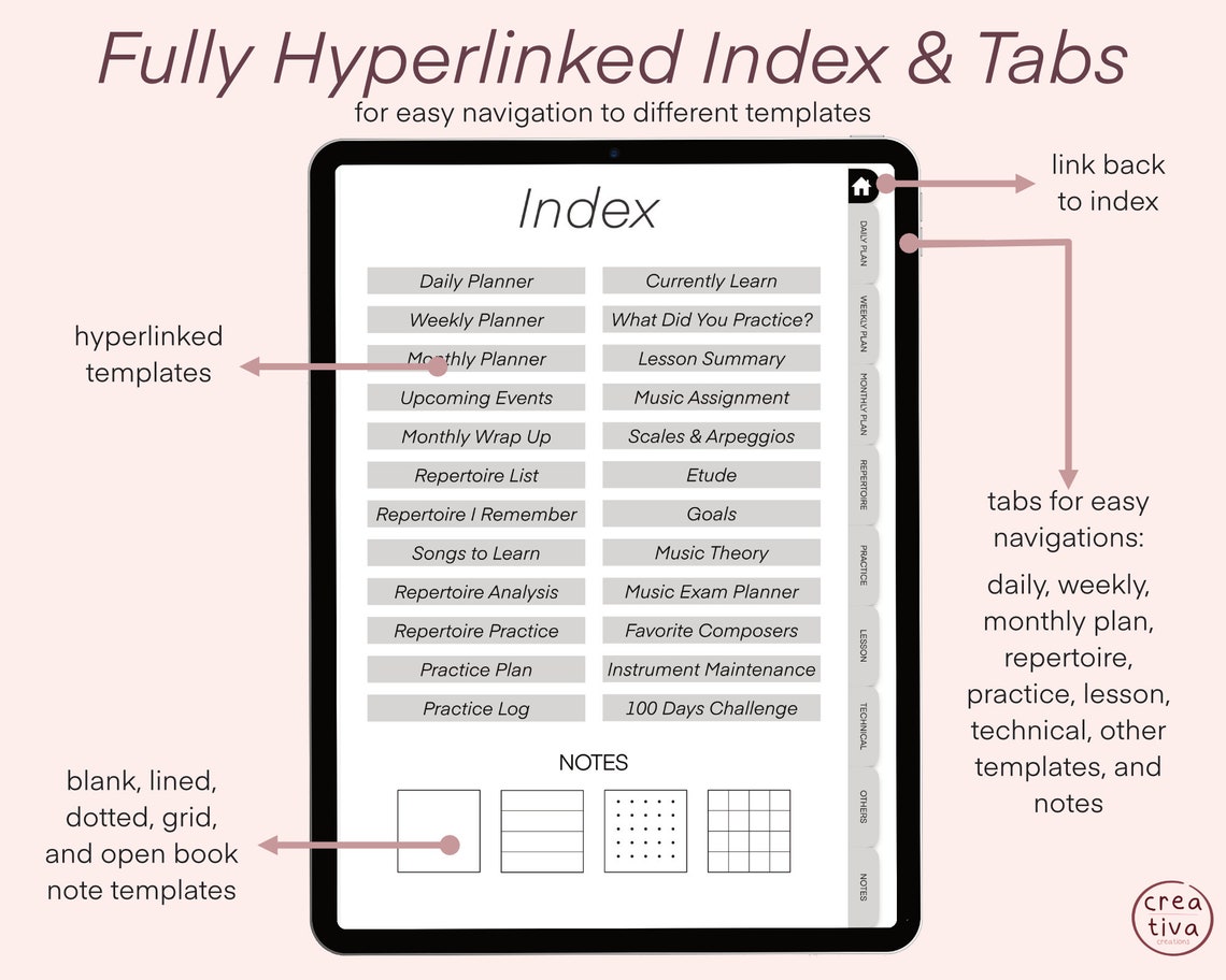Digital Music Practice Planner New Goodnotes Hyperlinked iPad Digital