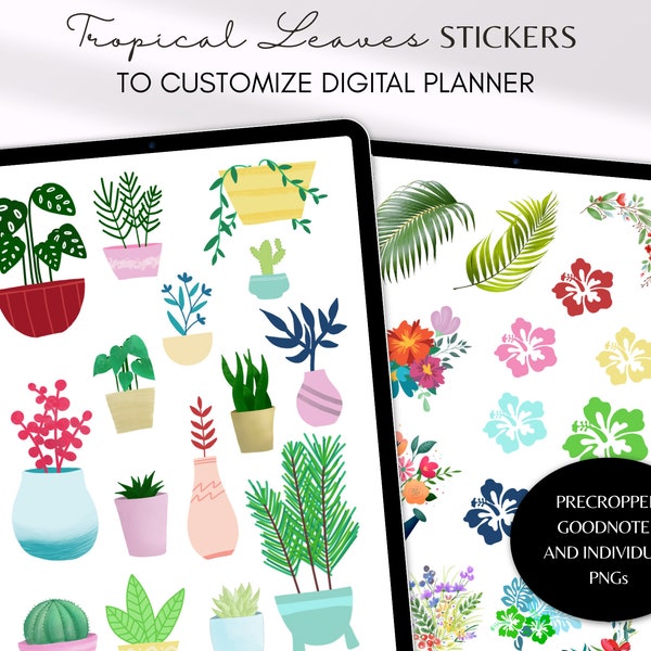 100+ Tropical Leaves Summer Time Digital Planner Sticker Set | July August September Holiday | Precropped Goodnotes Files Transparent PNG