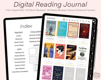 Könnte beinhalten: Ein digitales Lesetagebuch mit einer schwarz-weißen Indexseite links und einer Bibliotheksseite rechts. Die Bibliotheksseite zeigt ein Raster mit Buchumschlägen mit Titeln und Autorennamen. Die Indexseite enthält eine Liste von Tracker- und Challenge-Optionen, darunter Bibliothek, Bücherregal, Serien-Tracker, Aktuelle Lektüre, Lesetagebuch, Gelesene Bücher, Ungelesene Bücher, Lieblingszitate, Bücher zum Lesen, Buchveröffentlichung und Buchempfehlung.