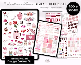 300+ Valentine Love Digital Planner Sticker Set | Sweet February | Precropped Goodnotes Files Transparent PNG iPad