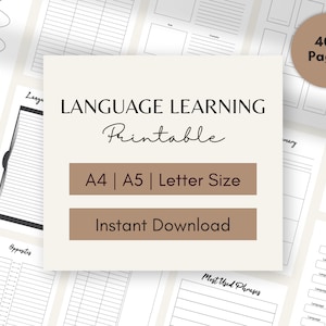 Op de afbeelding: Een printbare taal leerplanner met meer dan 40 pagina's. De planner bevat secties voor woordenschat, grammatica, zinnen en meer. De planner is beschikbaar in A4, A5 en letterformaat. Direct downloaden.
