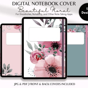 Könnte beinhalten: Zwölf digitale Notizbuchcover-Designs mit Aquarell-Blumenillustrationen in Rosa-, Grün- und Grautönen. Die Cover sind für Notiz-Apps wie Goodnotes und Notability konzipiert.