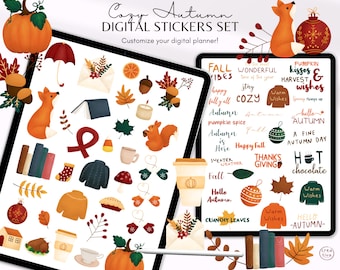 Puede incluir: Un conjunto de pegatinas digitales con temas otoñales. Las pegatinas presentan ilustraciones de calabazas, hojas, suéteres acogedores y otros elementos de otoño. El texto en las pegatinas incluye frases como "Vibraciones de otoño", "Otoño acogedor" y "Besos de calabaza y deseos de cosecha".