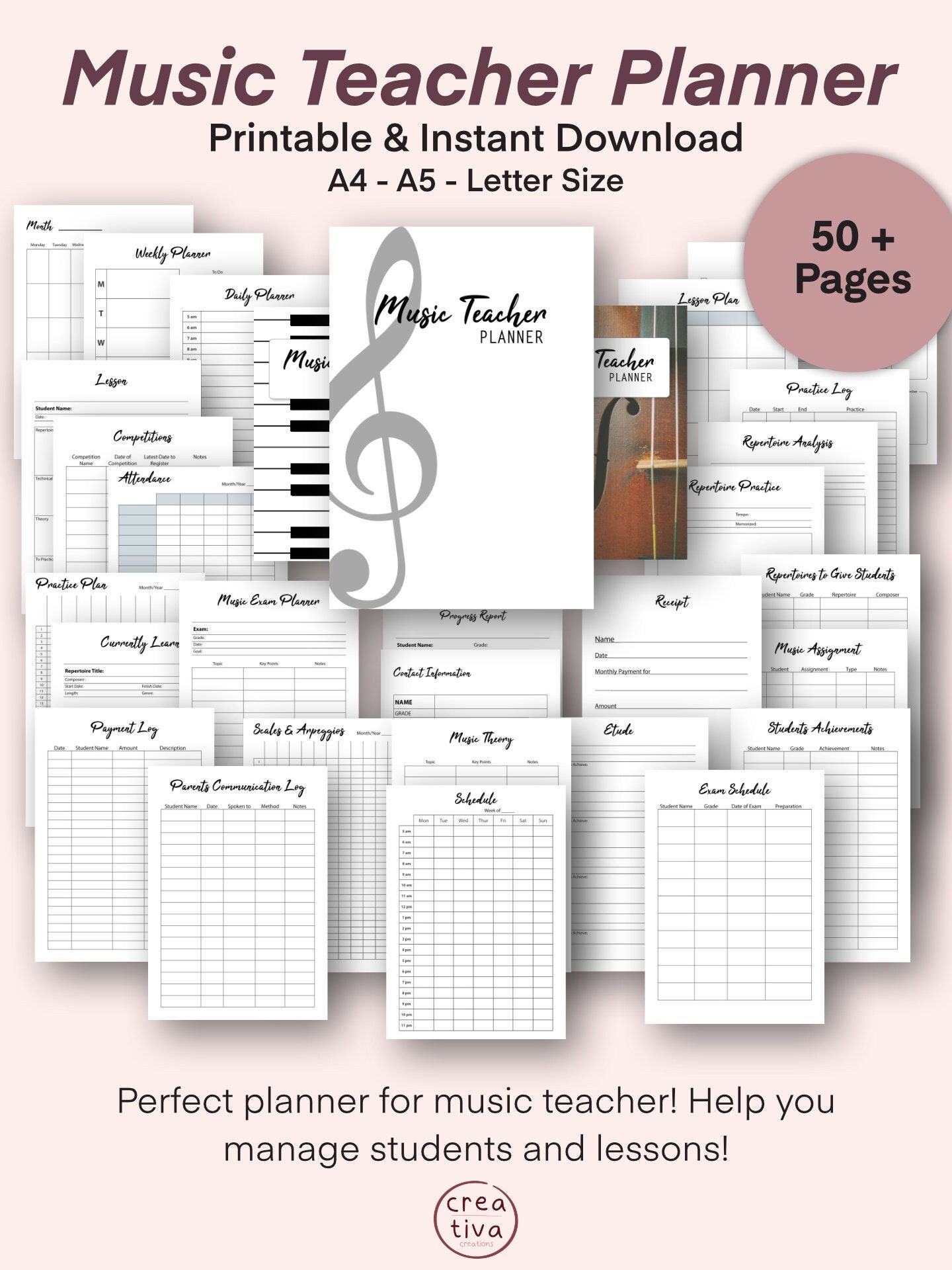 Music Teacher Planner Printable Musician Journal Piano Violin Guitar Cello Teacher Journal | Music Assignment | Music Lesson Planner