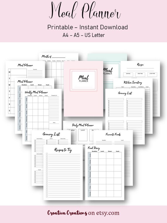 Meal Planner Printable Grocery List Recipe Book Kitchen