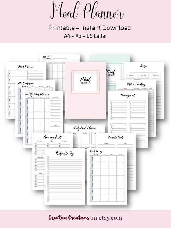 Meal Planner Printable  Grocery List  Recipe Book  Kitchen