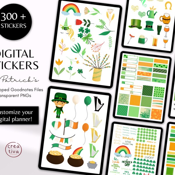 300+ St. Patrick’s Day  Digital Planner Sticker Set March 17 Lucky Day Precropped Goodnotes Stickers Transparent PNG Saint Patricks Stickers