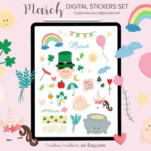 30+ March Digital Planner Stickers Set St. Patrick’s Day | March 17 | Lucky Day Spring Precropped Goodnotes Files Transparent PNG iPad
