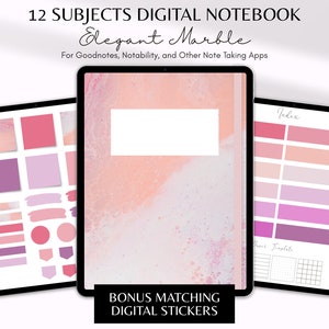 May include: A digital notebook template with a pink and white marble design. The template includes 12 subjects, an index, and a hour template. The text "Elegant Marble" and "12 Subjects Digital Notebook" is at the top of the image. The text "Bonus Matching Digital Stickers" is at the bottom of the image.