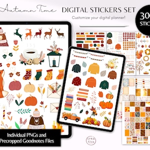 May include: A digital sticker set with over 300 autumn-themed stickers. The stickers feature illustrations of animals, leaves, pumpkins, and other fall elements. The set includes individual PNGs and precropped Goodnotes files. "Autumn Time" and "Digital Stickers Set" are written at the top of the image.