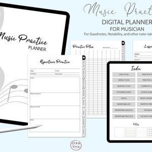 Puede incluir: Un planificador digital para músicos con un diseño de clave de sol gris. El planificador incluye secciones para planes de práctica, resúmenes de lecciones y un registro de práctica de repertorio. El texto "Music Practice Digital Planner for Musician" está en la parte superior de la imagen.