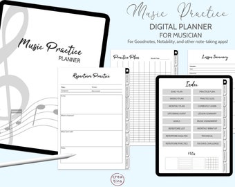 May include: A digital planner for musicians with a gray treble clef design. The planner includes sections for practice plans, lesson summaries, and a repertoire practice log. The text "Music Practice Digital Planner for Musician" is at the top of the image.