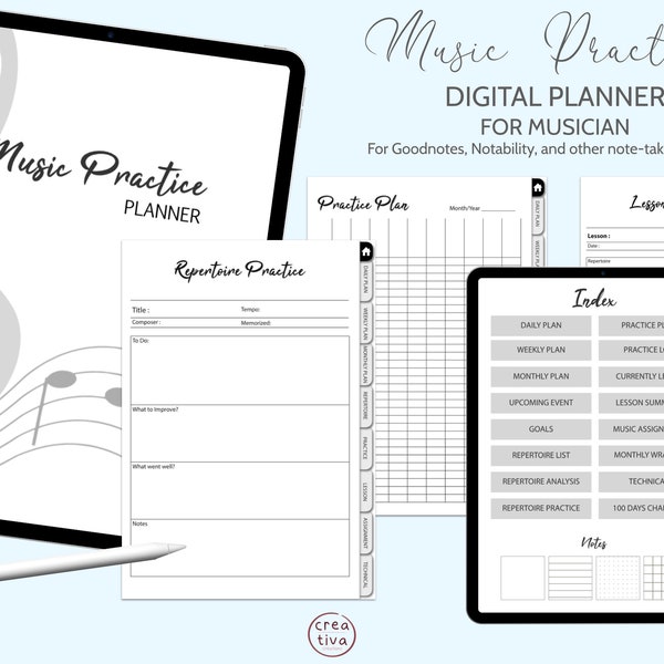 Digital Music Practice Planner Hyperlinked Goodnotes iPad | Digital Practice Journal Planner | Musician Repertoire Planner Daily Weekly