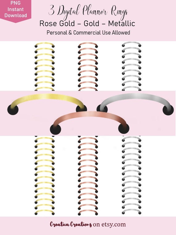 Realistic Binder Rings for Digital Planners Pngs Gold, Silver