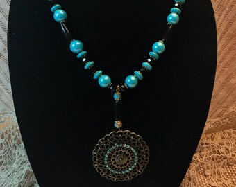 Vintage Necklace, Turquoise Necklace, Retro Jewelry, Blue Green Necklace, Blue Necklace, Gift For Mom, Vintage inspired Pendant, Boho