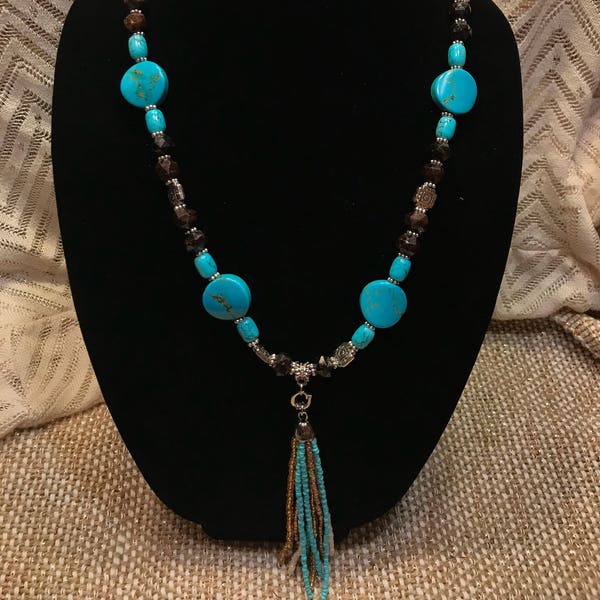 Turquoise Jewelry, Tassel Jewelry, Western Necklace, Turquoise Tassel Necklace, Beaded Tassel necklace, Boho necklace, Blue Necklace