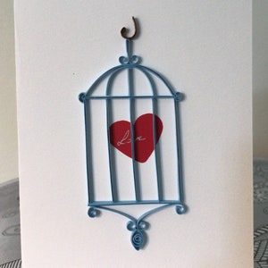 Amour en cage, carte de vœux Noël, papier roulé ou quilling, fait main 3D, belles couleurs, original, créatif, épuré, différent