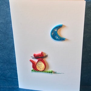 Kat en maan, wenskaart voor elke gelegenheid, 3 mm opgerold of quilling papier, handgemaakt, prachtige kleuren, origineel, creatief, verfijnd