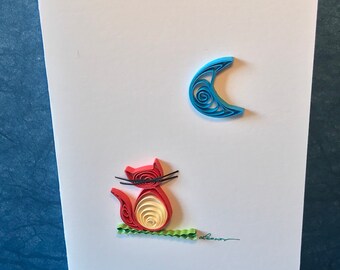 Kat en maan, wenskaart voor elke gelegenheid, 3 mm opgerold of quilling papier, handgemaakt, prachtige kleuren, origineel, creatief, verfijnd