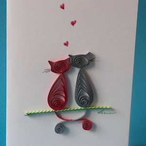 Chats et amour, carte de vœux toute occasion, papier roulé ou quilling, fait main 3D (papier 3mm), belles couleurs, original, créatif, épuré