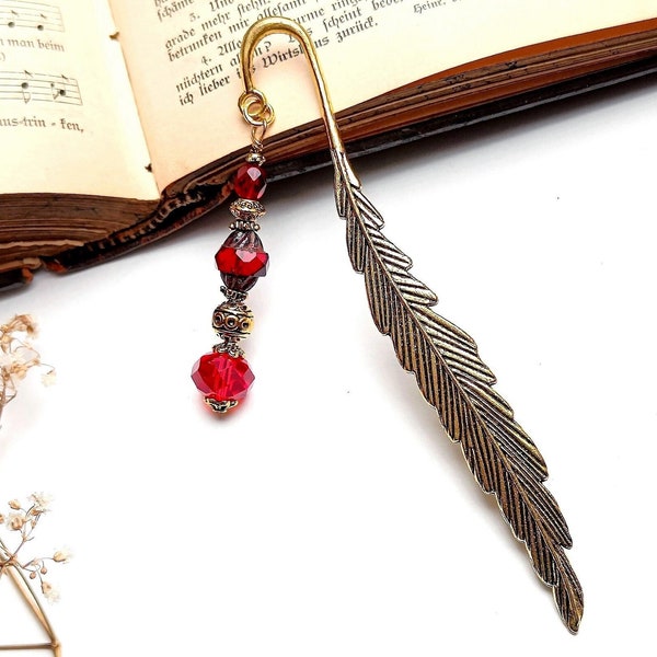 Marque-page en métal doré en forme de plume, marque-page couleur rouge et or en métal et perles de verre