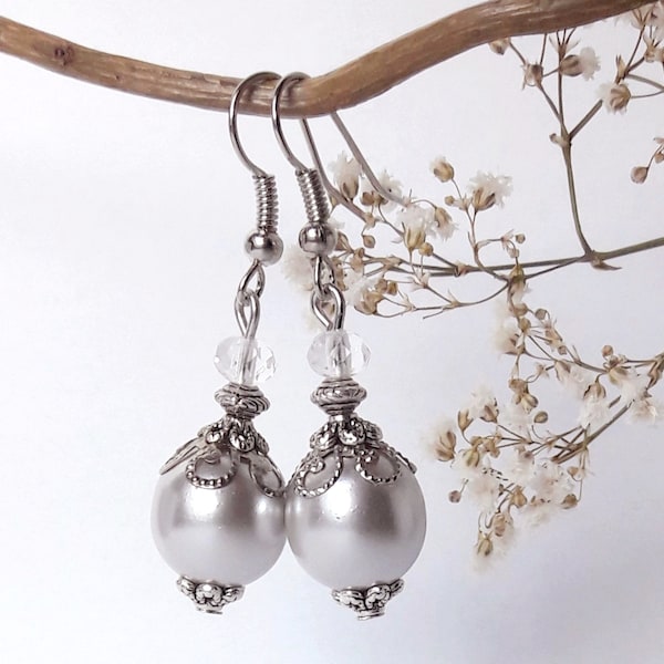 Retro style silver gray earrings, gray pearly glass bead earrings