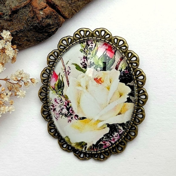 Broche vintage motif rose, broche à motif floral avec cabochon en verre