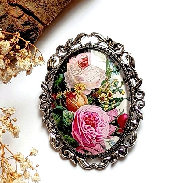 Broche motif roses, broche à motif floral multicolore avec cabochon en verre