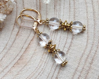 Boucles d'oreilles dormeuses couleur or et cristal, boucles d'oreilles dormeuses transparentes en perles de verre