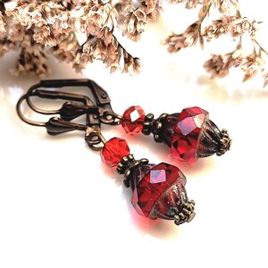 Può includere: Orecchini pendenti con perline di vetro rosso sfaccettate e elementi metallici color bronzo. Gli orecchini hanno una chiusura a leva e sono posti su uno sfondo bianco con fiori secchi.